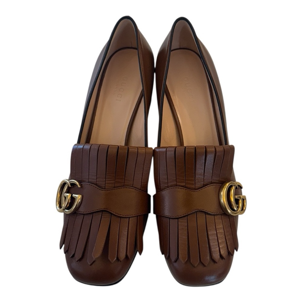 Gucci Brown Leather Kiltie pump with Gold GG Hardware